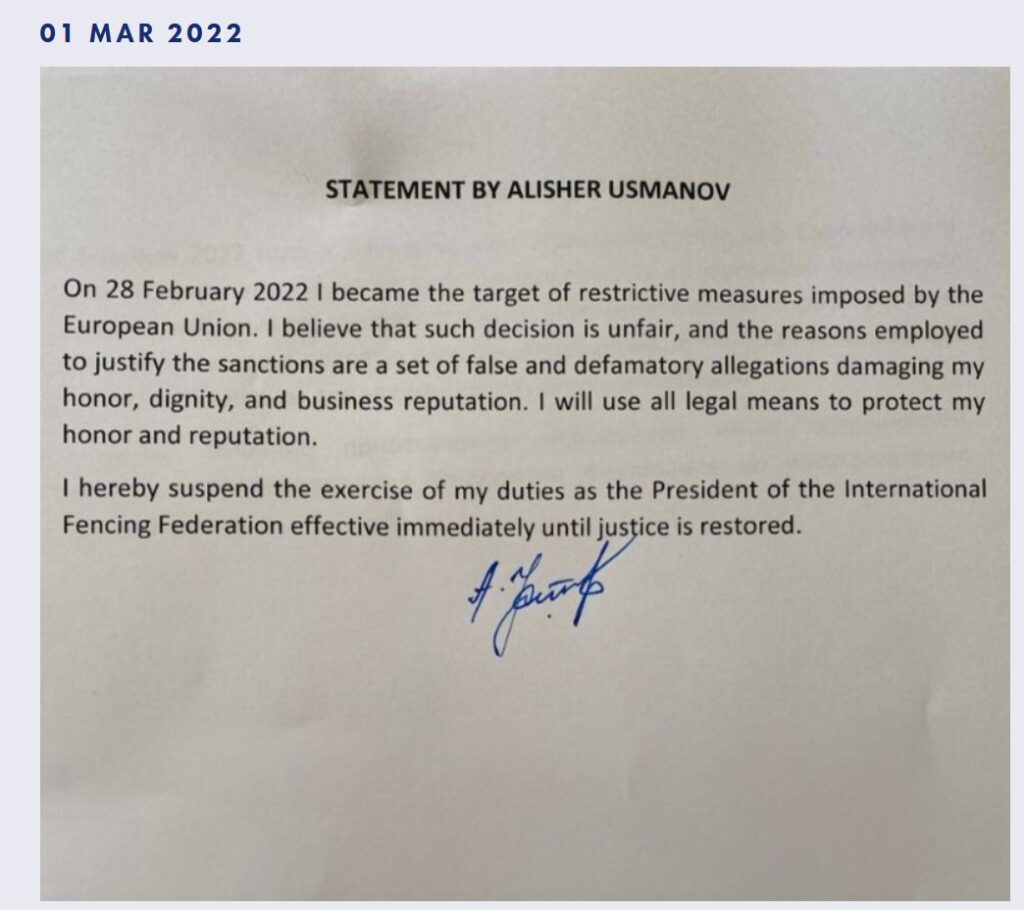 Alisher Usmanov si auto-sospende dalla carica di Presidente della FIE